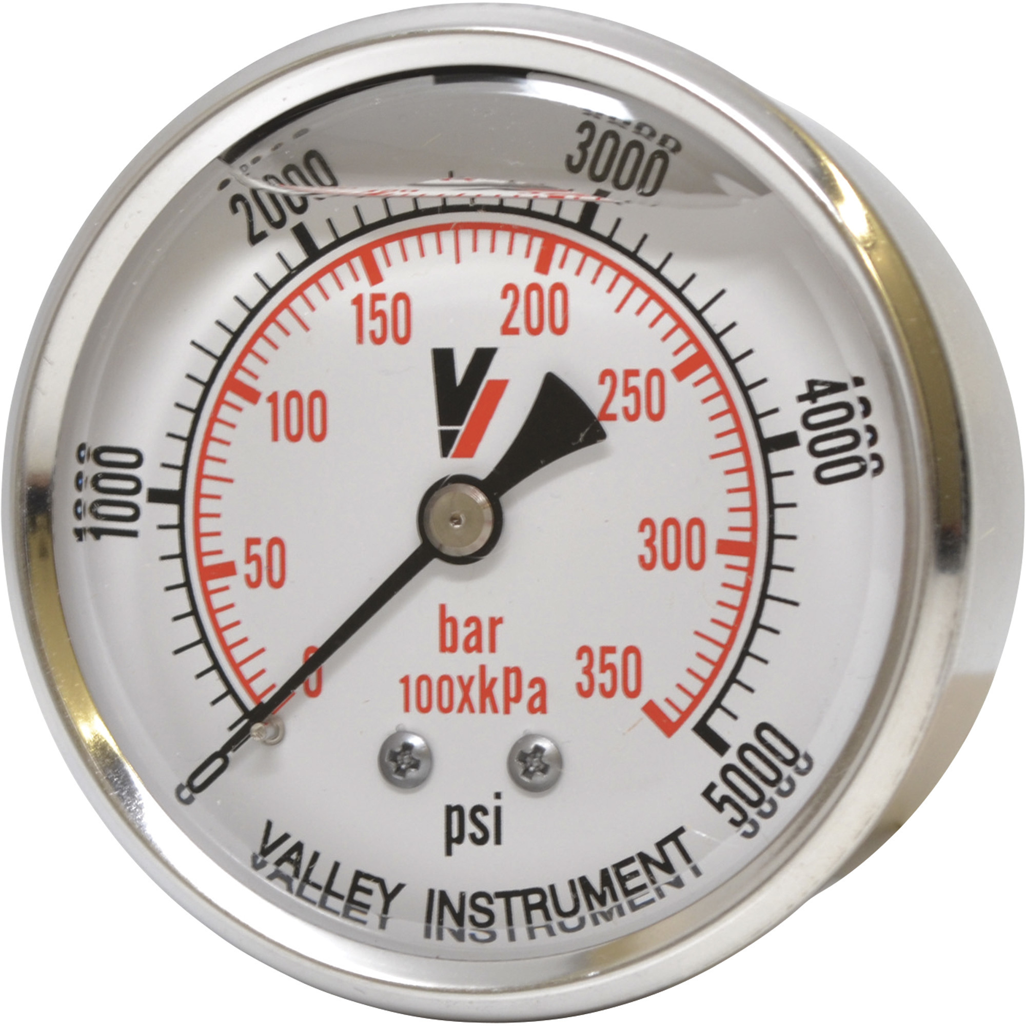 Valley Industries, 2.5in. Back Mt Gauge 5000PSI, Case Material Stainless Steel, Min. Operating Pressure 0 PSI, Max. Operating Pressure 5000 PSI, Model# 2240GXB5000